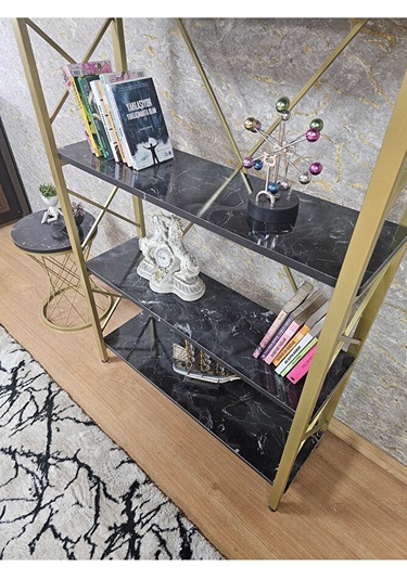 Gold Boyalı Kitaplık - 5 Raflı Suntalem Lüks Kitaplık Siyah Merme Çok Renkli