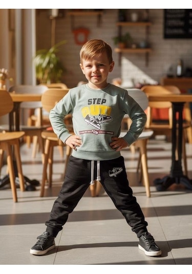 Zekids Erkek Çocuk Pamuklu Step Out Baskılı Eşofman Takımı-16348 Yeşil