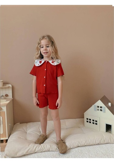 Nakışlı Bebe Yaka Kız Çocuk Takım Kırmızı