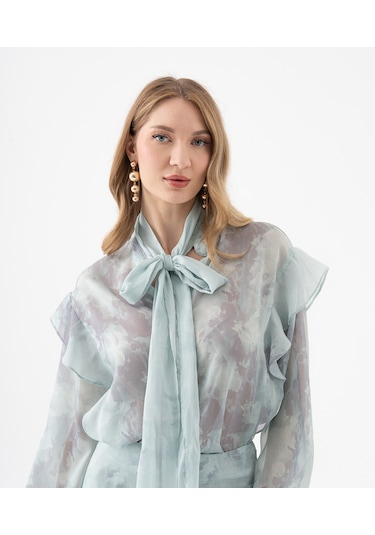 Fırfır Detaylı Transparan Çiçek Desenli Bağlama Yakalı Takım Yeşil