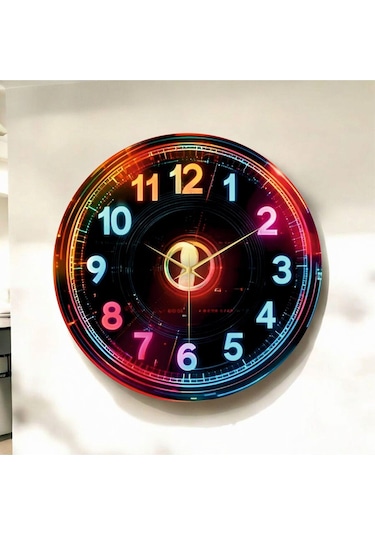 Dijital Görünümlü Neon Renkli Baskı Desenli Sayılı Hediyelik Ahşap Sessiz Duvar Saati 50cm ÇOk Renkli