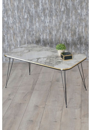 Orta Sehpa Kr Siyah Tel Ayak Çift Altın Efes Beyaz Mermer Desen