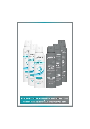 Watsons Ocean Comfort Pudrasız Deodorant Sprey 150 Ml X 3 + Fresh Men Pudrasız Deodorant Sprey 150 Ml X 3