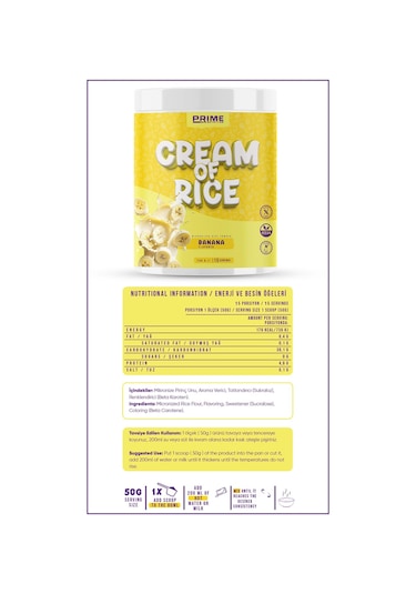 Prime Nutrition Cream Of Rice 750 Gram Banana Muz Aromalı