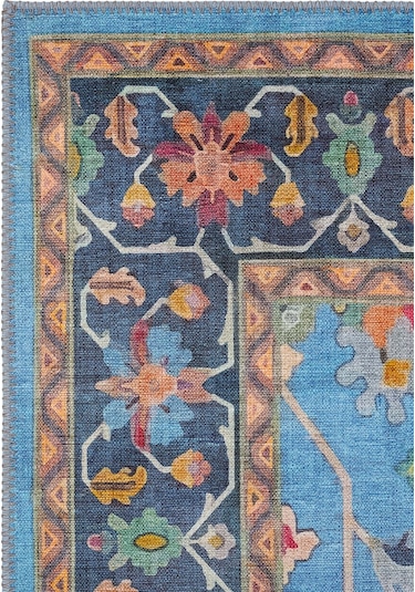 Cool Halı Beylerbeyi By 845 Mavi Halı Çiçek Desenli Otantik Ev Salon Halısı Yıkanabilir Şönil Halı