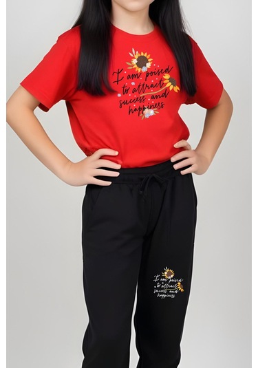 I Am Poised Baskılı Kız Çocuk Tişört Ve Eşofman Alt-üst Takım Kırmızı