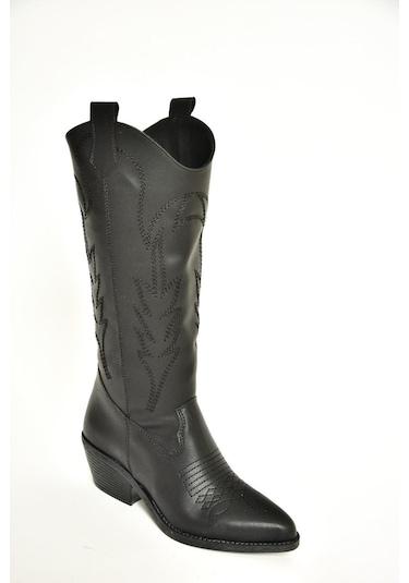 Fox Shoes T404401209 Siyah Kovboy Model Kadın Çizme Siyah-Suni Deri