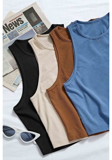 Merry See 4'lü Paket 4 Renk Takım Kadın Kolsuz Örme Kumaş Bluz Crop 001