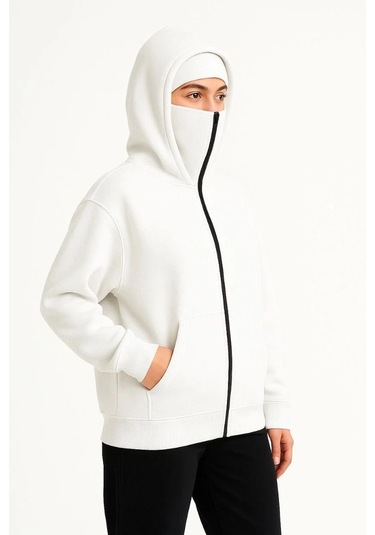 Kadın Samuray Ninja Çift Kapşonlu Zıp Fermuarlı Kanguru Çepli Hoodie Maske Detaylı Swetshirt - Beyaz Beyaz