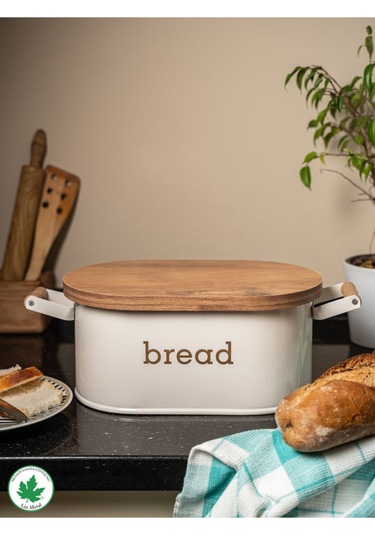 Ahşap Kapaklı Ahşap Kulplu Metal Ekmeklik Bread Baskılı - Krem Krem