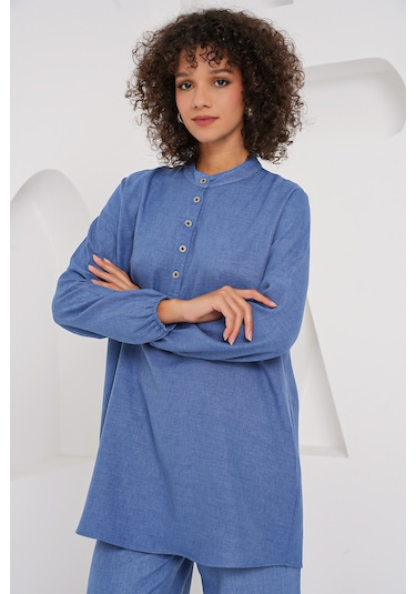 Bigdart 6678 Keten Tunik Pantolon İkili Takım - İndigo