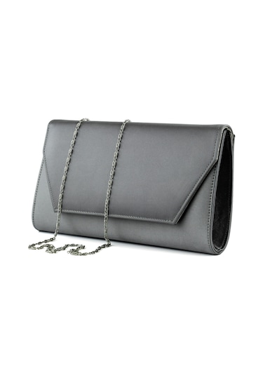 Erkan Saçmacı Antrasit Saten Zincir Askılı Manyetik Kapaklı İç Cepli Zarif Abiye El Çantası Antrasit