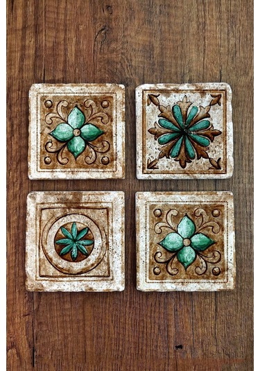 Doğaltaş Bardak Altlığı 4'lü Set - Hint Desenler Baskılı Stone Coasters Çok Renkli