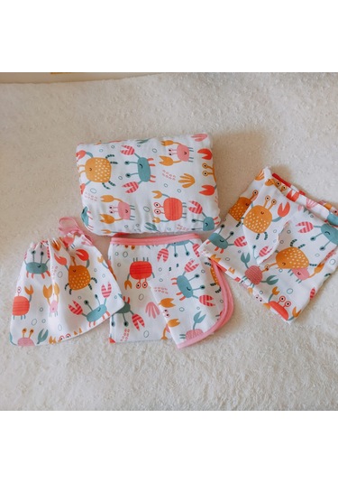 Organik 4'lü Müslin Bebek Panço, Örtü, Yastık, Mendil Takımı
