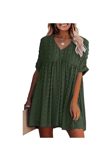 2024 Kadın Yaz Yeni Şifon Bol Kesim Büyük V Yaka Elbise Trendi Askeri Yeşil