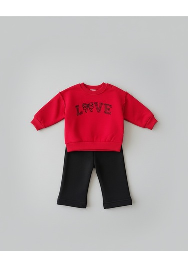 Love Nakışlı Alt Üst Takım Kız Bebek Kırmızı