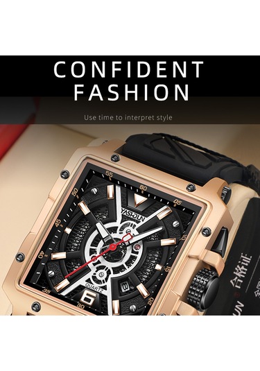 Yashıdun 5071 Şık Kare Kuvars İzle Silikon Kayış Erkekler Aydınlık Bilek Saati - Siyah Kadran / Kırmızı Kayış