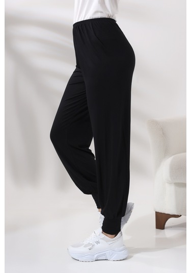 Kadın Siyah Beli Lastikli Ferace Altı Rahat Kesim Tesettür Şalvar Pantolon 001