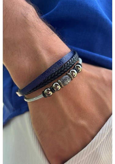 El İşçiliği İle Üretilmiş Hakiki Deri Erkek Bileklik Mavi