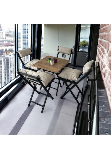 Modern Style Home Minderli Balkon Bahçe Mutfak Bistro Set Katlanır 4+1 Masa-sandalye Krem
