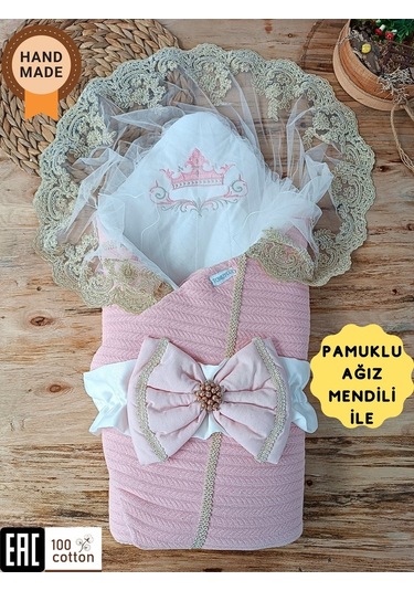 Pembe Triko Örgü Kız Bebek Batttaniyesi Kundağı Kalın Dantelli Yenidoğan Hastane Çıkışı Hediyelik Somon