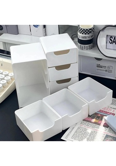 1 Adet Mini Üç Katlı Çekmeceli Masaüstü Saklama Kutusu, Ofiste Takı Ve Kozmetik Saklamak İçin Mükemmel, Küçük Beyaz Beyaz