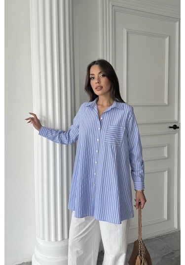 Mavi Çizgili Uzun Gömlek Mavi