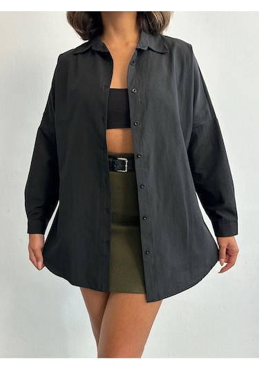 Kadın Oversize Uzun Basic Gömlek Siyah