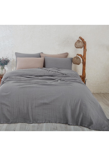 Müslin%100 Pamuk Tek Kişilik Yatak Örtüsü Pike Takımı 4 Katlı Yumuşak Battaniye 2 Parça Antrasit Gri