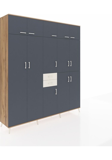 Hyperion Dolap 10 Raflı 2 Çekmeceli 3 Askılı 220x44x243 Çam-antrasit/aytaşı Antrasıt/aytası