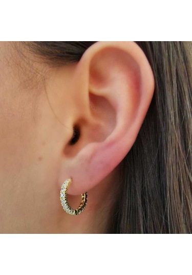 Halka Gümüş Küpe Zirkon Taşlı Gold