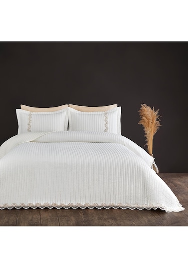 Evlen Home Mihrimah Dantelli Lüks Yatak Örtüsü Seti Çift Kişilik %100 Pamuk Şık Zarif Yumuşak Krem Kırık Beyaz
