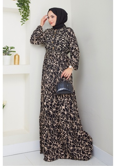 Sevil Yarım Düğmeli Dokuma Viskon Elbise 1504 - Siyah Siyah