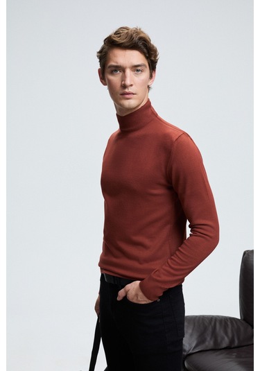 REBEL Erkek Yarım Balıkçı Yaka Basic Slim Fit Triko Kiremit Rengi Kazak