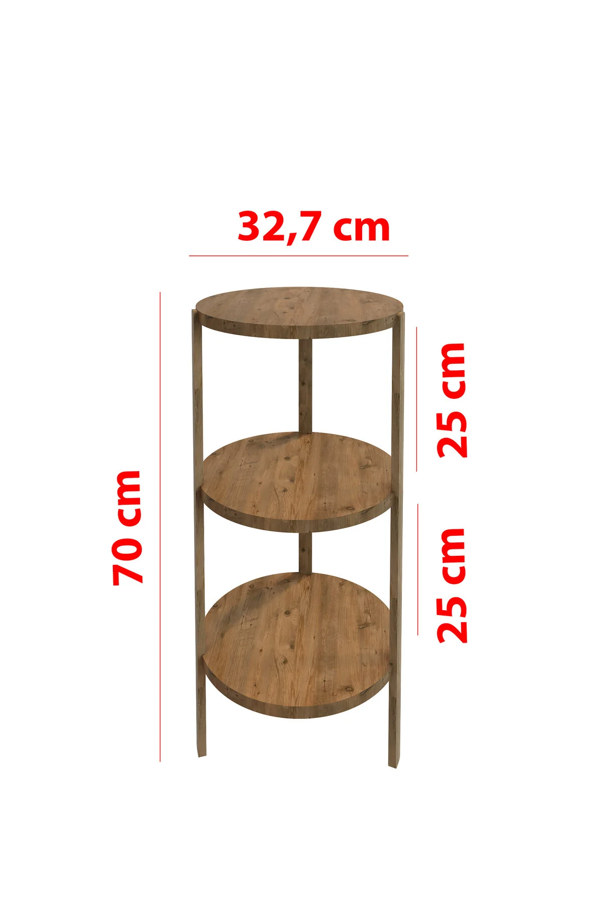 Miray 3 Raflı Yuvarlak Ahşap Sehpa / Çok Amaçlı Kullanım / Yüksek Kalite, Şık Tasarım Atlantik Çam