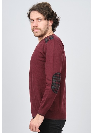 Desen Triko Erkek V Yaka Saf Yün Kazak 0246538 Bordo Bordo