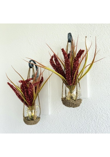 Duvar Dekoru, Led Işıklı, Kırmızı Çubuk Cipso Çiçekli, Beyaz Aplik İkili Set