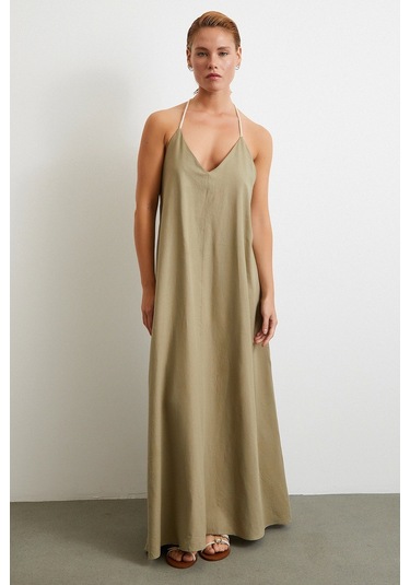 İp Askılı Keten Elbise Haki Haki