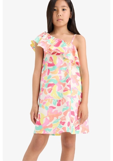 DeFacto Kız Çocuk Desenli Tek Omuzlu Poplin Yazlık Elbise C3710A825HSPN666