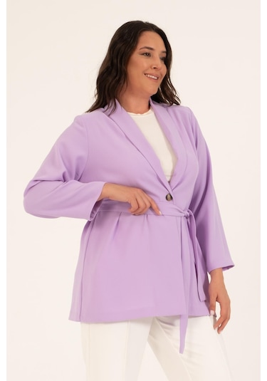 Kuşak Detaylı Salaş Ceket-1749-lila Lila