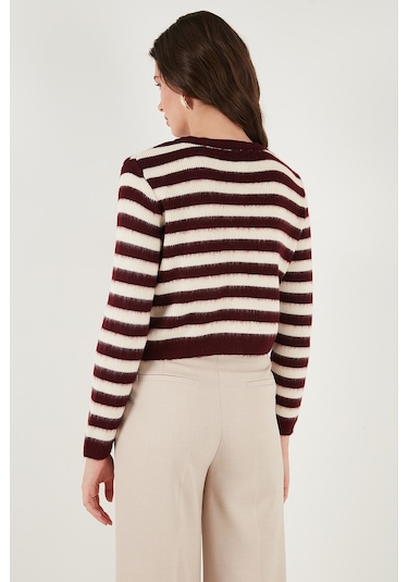 Lela Çizgili Oversize Fit Bisiklet Yaka Düğmeli Crop Triko Bayan Hırka 4615567 Bordo