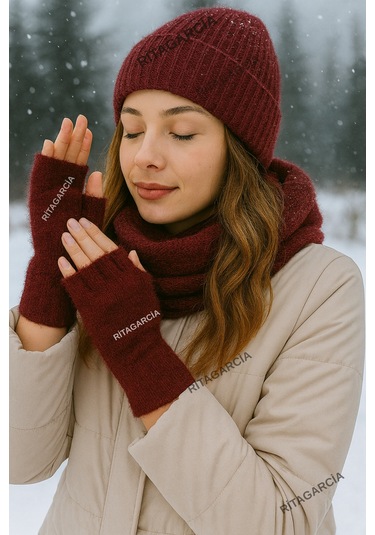 Peluş Kesik Parmak Eldiven Bordo 2