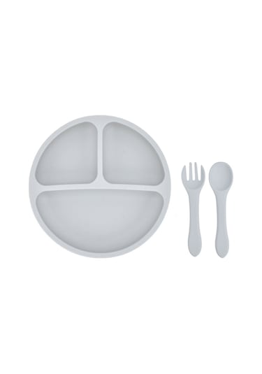 Moveevo Bebekler İçin Silikon Yemek Tabağı - Taşınabilir Çocuk Besteği, Silikon Kaşık Ve Çatal Dahil, Gri Gri