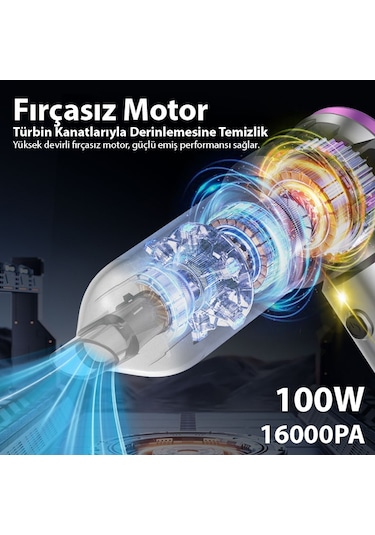 Ezere 16000pa Güçlü Dijital Göstergeli Vakumlu Kablosuz Üflemeli Mini Araç Süpürgesi Gümüş