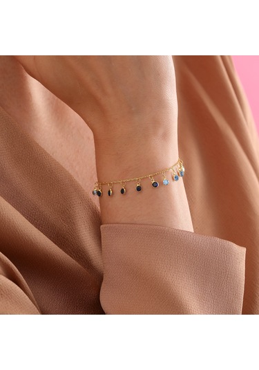 925 Ayar Gümüş Ful Sallantılı Mavi Renk Geçişli Bileklik Altın