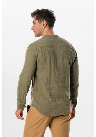 Uzun Kol Hakim Yaka Erkek Müslin Yazlık Gömlek Haki Hk-haki Haki
