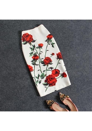 Kırmızı Yaz Karikatür Baskı Zarif Kalem Etek Kadın Bodycon Yüksek Bel Diz Boyu Etek Kadın M Kırmızı