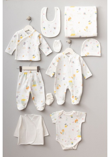 Bebitof Sevimli Tilki Ve Ayıcık Desenli 10 Parça Kutulu Yenidoğan Hastane Çıkışı Zıbın Seti Ekru