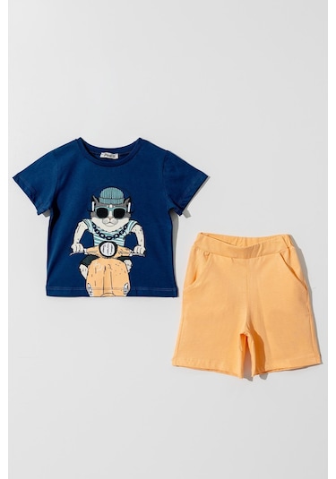 Erkek Çocuk Lacivert Basic Kedi Desenli Tişörtlü Şortlu Takım-1143 Lacivert