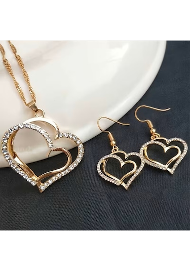 Moda My Love 2li Kalp Bileklik, Kolye, Küpe Set, Sevgililer Günü Altın